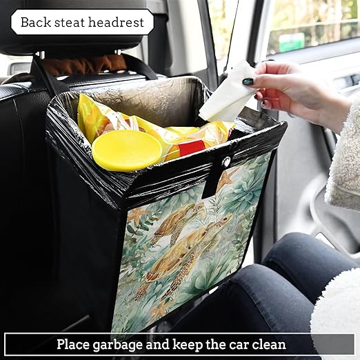 Car Trash Can Organizer Bin with Adjustable Strap for Back Front Seat Console Waterproof Leakproof Collapsible Portable 8.66 Inch Sea Turtle Starfish Plants
