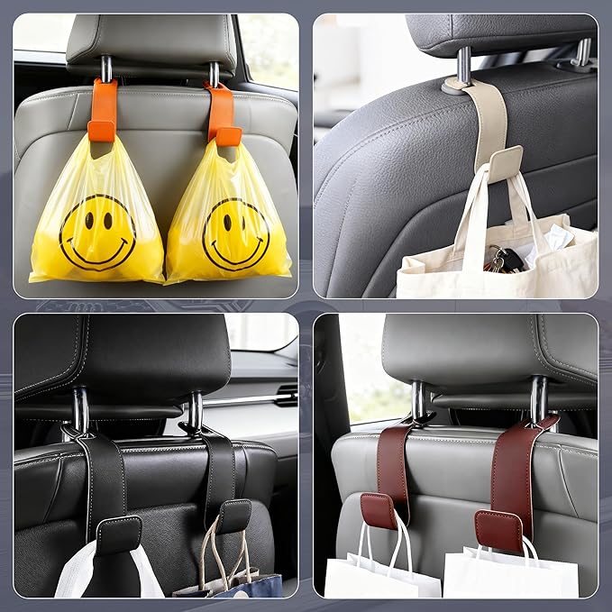 Romiona Leather Car Purse Hooks with Larger Strap Holder Purse Hook Purse Holder for car car seat Back Hooks Automotive seat Back Organizer headrest Hooks for Bags and Purse (Black, 2pcs)