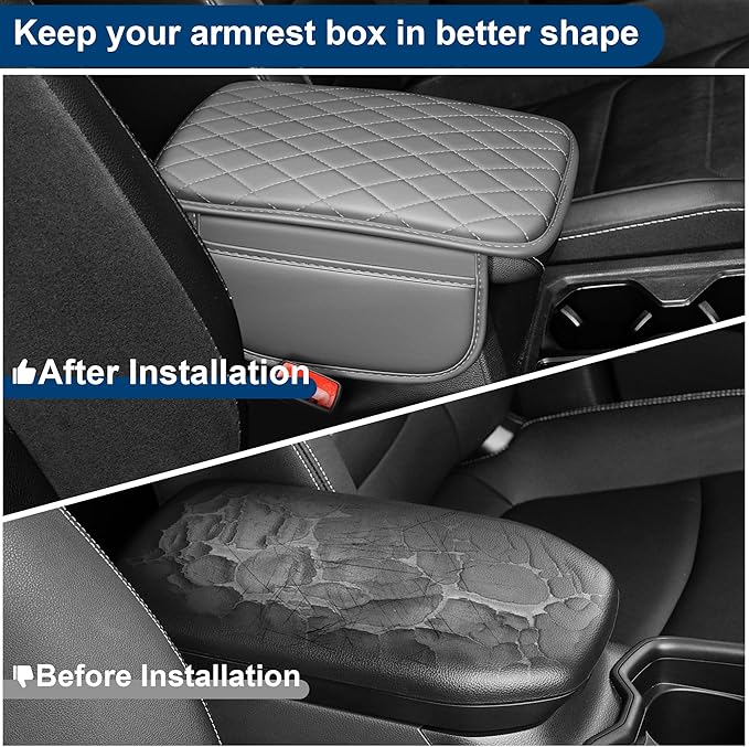 Car Center Console Cover Fit for Volkswagen Passat Leather Armrest Cover with 2 Storage Bags Waterproof Console Cover Scratch & Wear Resistant(Grey)