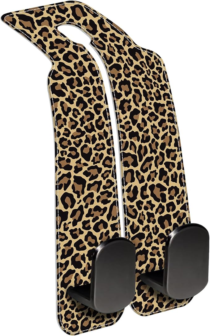 Purse Hook for Car Abstract Brown Leopard 1 Pack Headrest Back Seat Hook Premium Leather Double Metal Hanger Storage Pack Bag Purse Holder Car Accessories