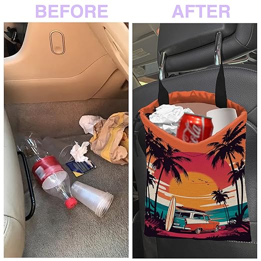 UUCBTAH Car Trash Bag Hanging Seaside Palm Trees Sunset Car Car Trash Can for Back Seat Waterproof Car Garbage Can with Adjustable Straps and Drawstring for Car Accessories Vehicle Travelling Camping