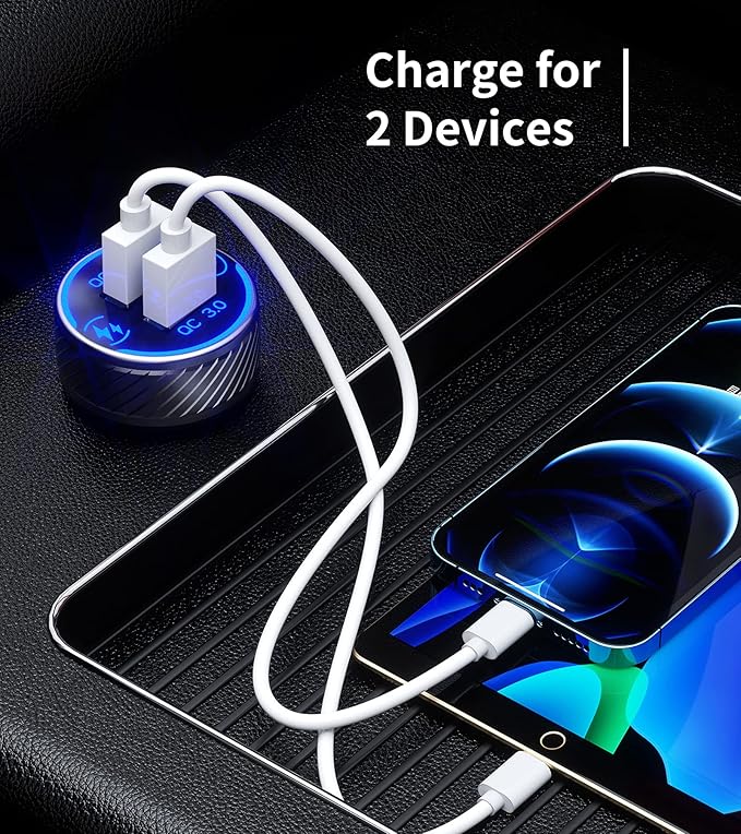 KEWIG Car Charger, 36W 3A Fast Car Charger Adapter, Dual QC3.0 USB Car Charger Fast Charge with Blue LED & ON/Off Switch