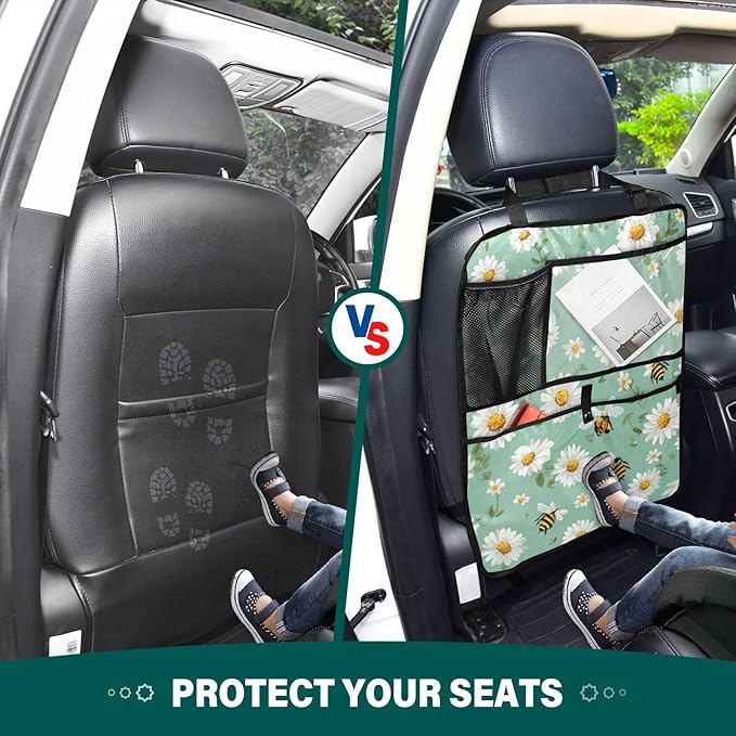 1 Pack Back Seat Car Organizer with Storage Pockets Kick Mats Back Seat Protector Hanging Car Organizer Automotive Seat Back Cover Organizers Mint Green Daisy Flowers and Bees