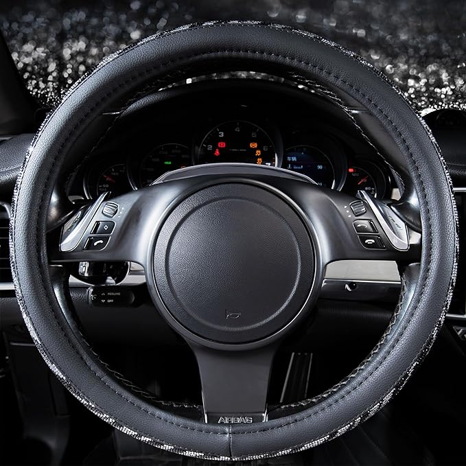 CAR PASS Bling Diamond Leather Steering Wheel Cover, with Bling Sparkly Crystal Glitter Rhinestone Universal Fit 14" 1/2-15" Car Wheel Protector Fit for Women Girl SUV,Vans,Sedans,Trucks, Zebra Print