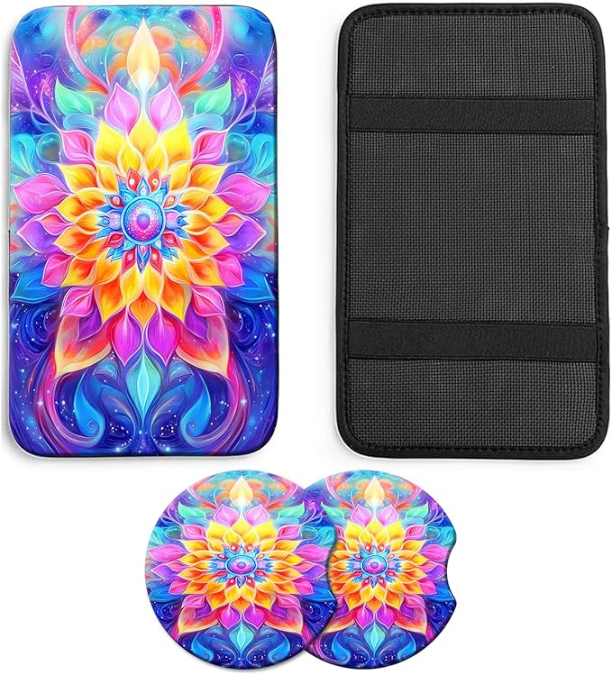 JANENFNA Car Armrest Cover Pads Universal Fashion Cute Auto Center Console Armrest Cover Pad with 2PCS Car Coasters Soft Waterproof Car Armrest Seat Protector for Women,Colorful Flower