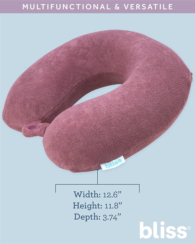 Bliss Neck Pillow - Lightweight U-Shaped Memory Foam Travel Neck Pillow with Snap Closure for Airplanes, Traveling, Offices, Cars, Mauve Terry