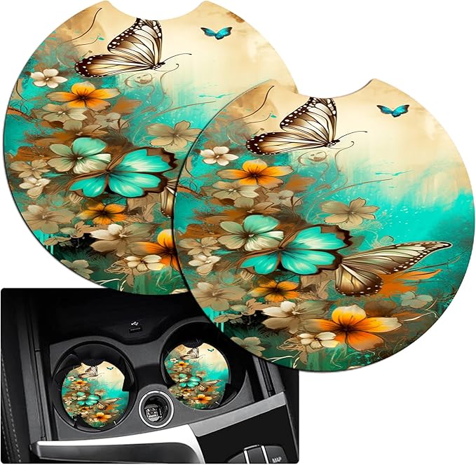 JANENFNA Car Armrest Cover Pads Universal Fashion Cute Auto Center Console Armrest Cover Pad with 2PCS Car Coasters Soft Waterproof Car Armrest Seat Protector for Women,Flowers Butterflies