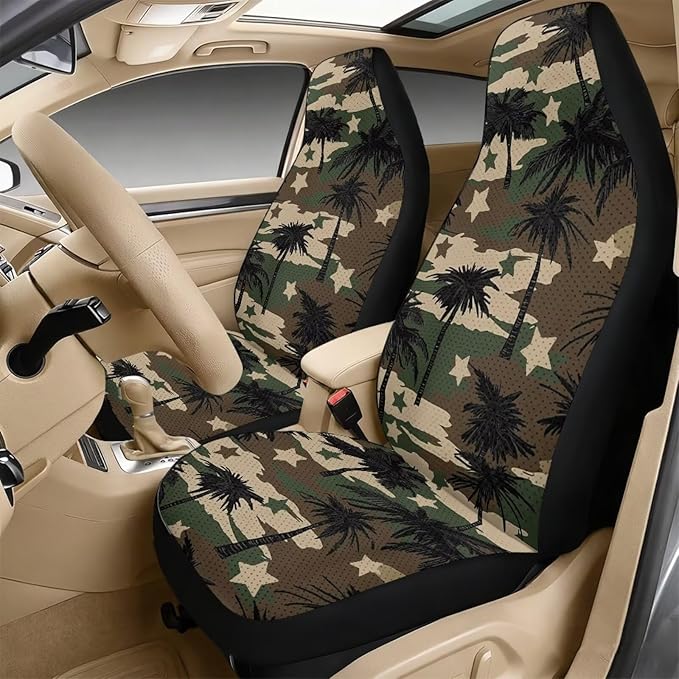 FUSURIRE Camouflage Coconut Tree Print Seat Covers for Cars Full Set 5-Pcs, PU Car Accessories Seat Belt Covers Pads + Vehicle Armrest Protector for Women Men Interior Accessories Decor