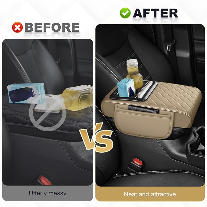 Center Console Cover for RLX: Armrest Cover for Car with 2 Storage Bags - Waterproof Leather Center Console Cover with Cup Holder for Car,Anti-Scratch Auto Armrest Pad Accessory （Beige