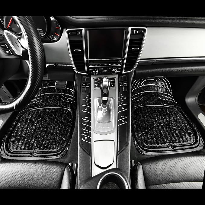 CAR PASS Shining Glitter Car Floor Mats 3D Leather Waterproof All Weather, Universal Trim to Fit & Anti-Slip, Safety & Light Easy Clean Install Fit for SUV,Truck,Auto,Sedan,Van 4 Piece (Black Glitter)