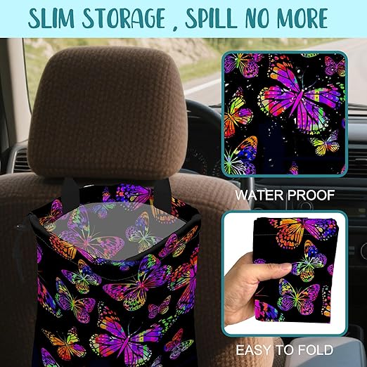 KXWQTRDD Car Garbage Bag Watercolor Colorful Butterflies Hanging Canvas Car Trash Bag Waterproof Drawstring Car Back Seat Organizer for Car Back Front Seat Console with Adjustable Buckle