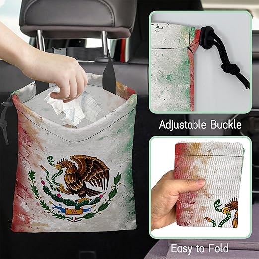 NHNXHWIA Vintage Mexico Flag Car Trash Bag,Hanging Drawstring Car Garbage Bag,Waterproof Canvas Car Back Seat Organizer with Adjustable Buckle,for Vehicles,SUVs,Camping,Road Trips