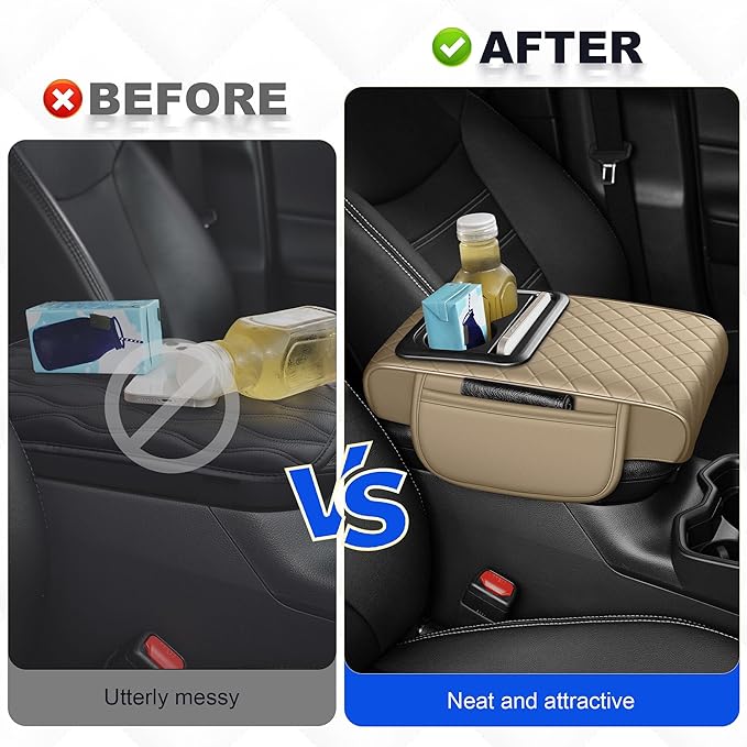 Center Console Cover Leather Armrest Cover Fit for Nissan Kicks 2021-2025 Middle Console Cushion with Storage Box&Cup Holder & Phone Slot(Beige)