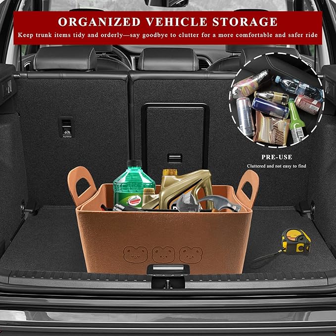 Car Trunk Organizer, Foldable Felt Basket Lightweight Storage Bin with Handles, Large Capacity Flexible Storage Bag Multipurpose Organizer for Vehicle Trunk & Backseat (Brown, 3 Bears)