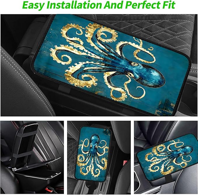 JANENFNA Car Armrest Cover Pads Universal Fashion Cute Auto Center Console Armrest Cover Pad with 2PCS Car Coasters Soft Waterproof Car Armrest Seat Protector for Women,Blue Gold Octopus