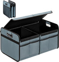 YSSOA Car Trunk Organizer with Lid, Collapsible 2 Compartment Automotive Storage Box, 600D Waterproof Oxford Polyester 50L Travel Accessories, Anti-slip & Leak-proof, Grey-Green
