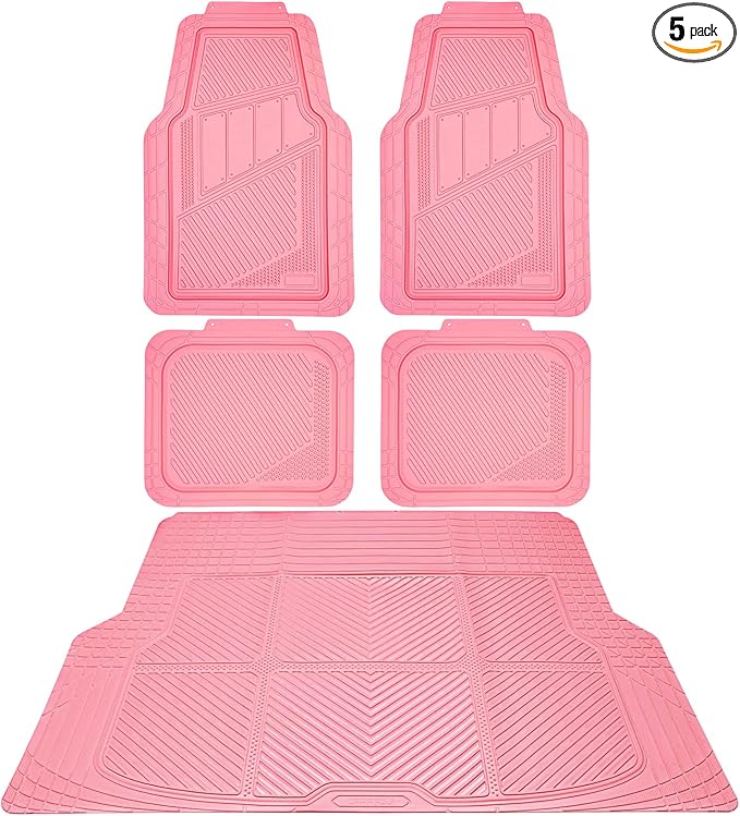 CAR PASS Heavy Duty Rubber Floor Mats Pink Car Mats Full Set with Trunk Cargo Liner - Universal Waterproof Floor Mats for Car SUV Truck, Durable All Weather Liner Mats Automotive Women (All Pink)
