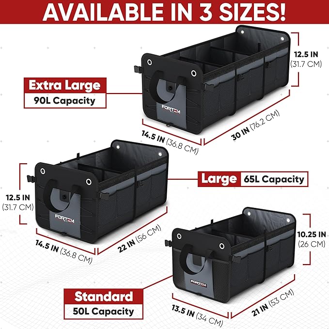 FORTEM Trunk Organizer For SUV Car Organizer and Storage, Multi-Compartment Storage Bag Car Accessories for Women Men, Perfect Christmas Gifts, 1680D Oxford, Non Slip Bottom, Straps, Soft Cover (50L)