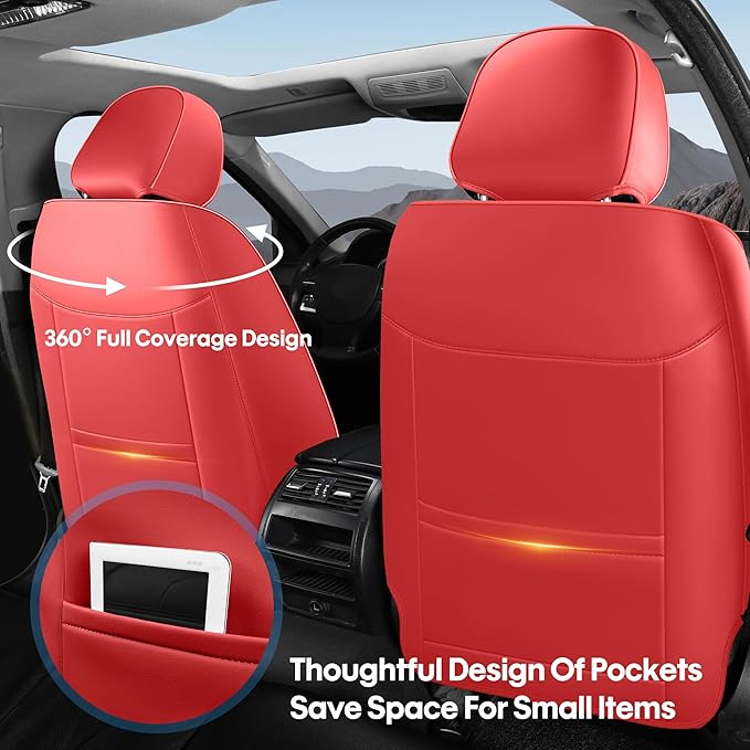 AOOG Front Seat Covers, Car Seat Covers Front Seats, Leather Seat Covers for Cars, Waterproof Seat Covers with Lumbar Support Universal Fit for Most Cars SUV Trucks(Front Pair, Red)