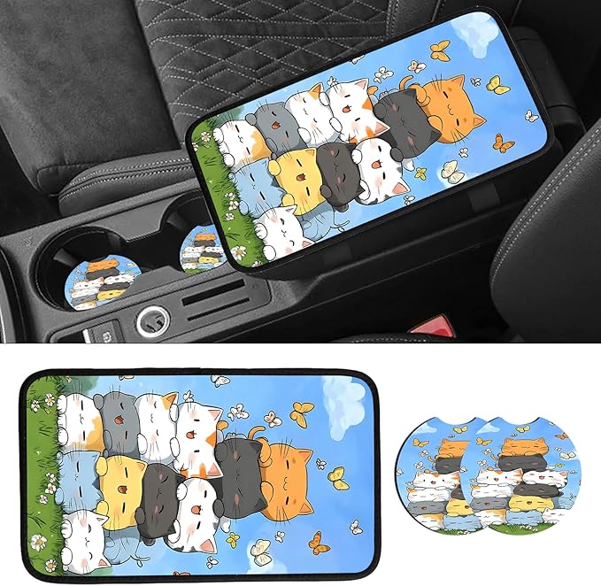 JANENFNA Car Armrest Cover Pads Universal Fashion Cute Auto Center Console Armrest Cover Pad with 2PCS Car Coasters Soft Waterproof Car Armrest Seat Protector for Women,Cute Cat Butterfly