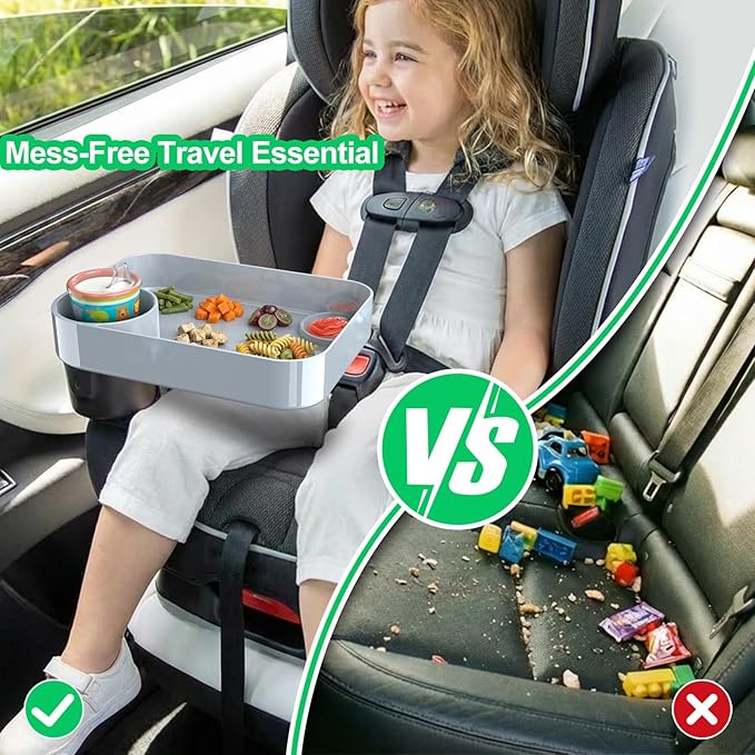 Car Seat Tray for Kids Travel, Carseat Tray for Food Toddler, Car Seat Table Tray, Car Seat Cup Holder Snack Tray for Graco, Evenflo, Chicco, Rotatable Removable Family Road Trip Essentials (Gray)
