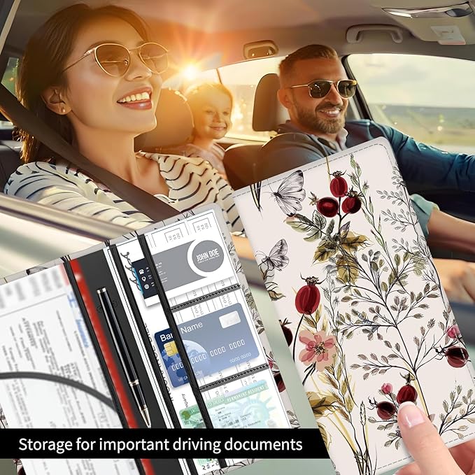 BAUCIWLD Premium Car Registration and Insurance Card Holder, Cute PU Leather Car Document Holder, Vehicle Glove Box Car Organizer with Magnetic Closure for Driver License, Cards Vintage Red Florals