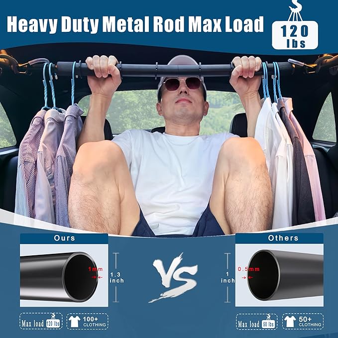 Car Clothes Hanger Bar Heavy Duty Clothing Rod for Vehicle Adjustable Cloth Storage Organizers Automotive Travel Outdoor Hanging Drying Rack for Truck SUV(Extend from 30'' to 66''/Hold up to 120lbs)