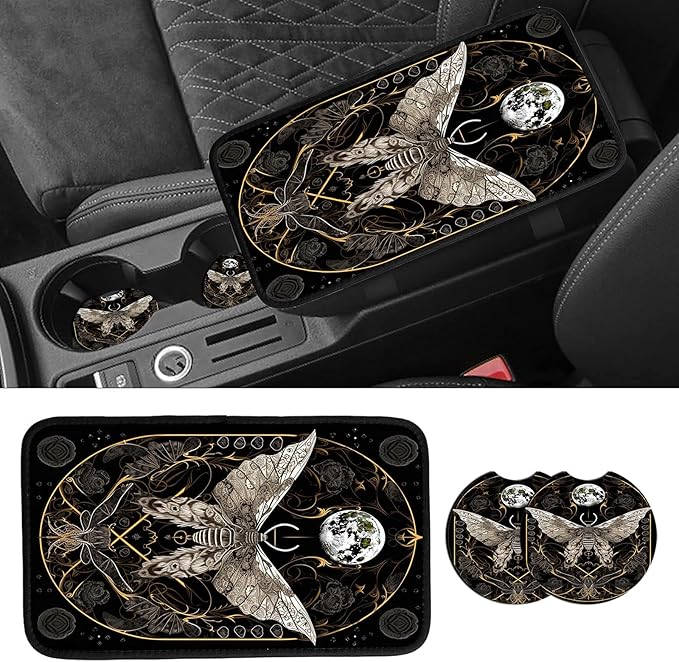 JANENFNA Car Armrest Cover Pads Universal Fashion Cute Auto Center Console Armrest Cover Pad with 2PCS Car Coasters Soft Waterproof Car Armrest Seat Protector for Women,Moth Crescent Moon