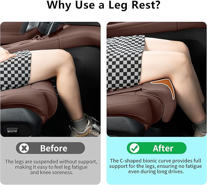 Car Seat Extender Leg Extender Support Cushion for Driver Seats Office Chair, Leather Auto Bottom Seat Protector Cover with Leg Extender, Car Seat Cushion Legs Rest Pads, Brown
