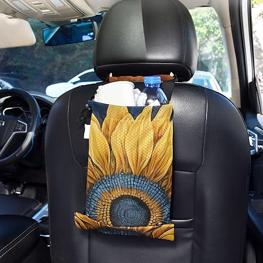 ALAZA Hanging Car Trash Bags Garbage Bag Trash Can for Back Seat Small Sunflower 2 Washable Storage Bag Retractable 2 Pack