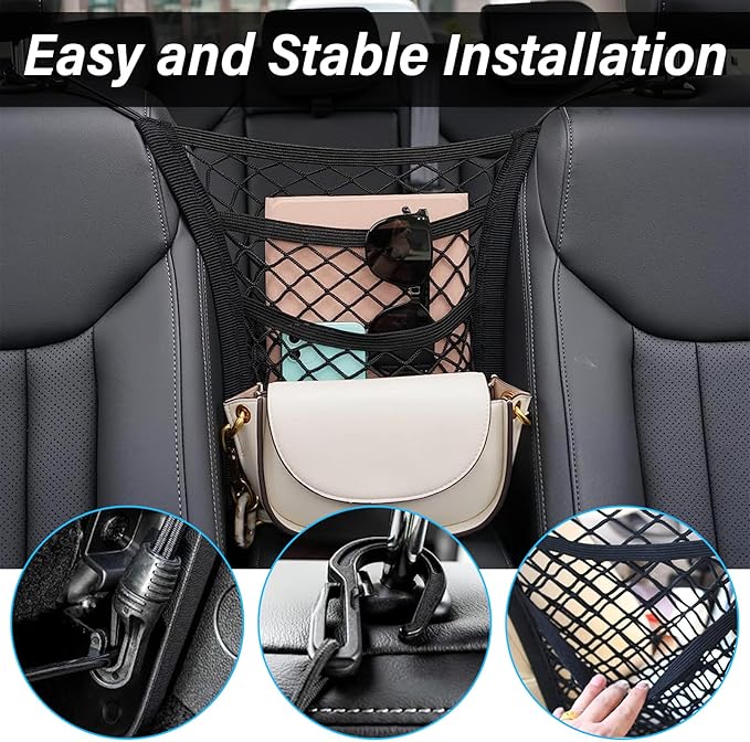 Kewucn 3 Layers Car Mesh Organizer, Four-Side Elasticity Auto Seat Back Net Bag Between Front Seats, Car Net Barrier of Backseat Pet Kids, Tissue Purse Holder, Storage Netting Pouch