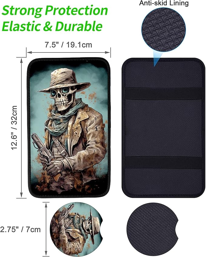 JANENFNA Car Armrest Cover Pads Universal Fashion Cute Auto Center Console Armrest Cover Pad with 2PCS Car Coasters Soft Waterproof Car Armrest Seat Protector for Women,Skull Cowboy with Gun