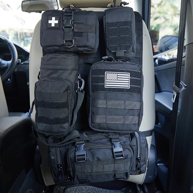 Universal Tactical Car Seat Back Organizer Bag Tactical Molle Vehicle Organizers Panel Gear Accessories with 5 Different Size Molle Pouches for Car Truck Ford Jeep Vehicle (C style-Black)