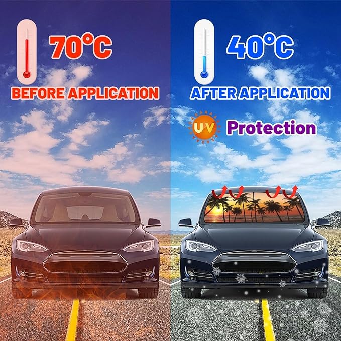 DOPINDU Sunset Palm Tree Car Windshield Sun Shade Umbrella Bendable Handle Foldable Funny Sunshade for Car Windshield Block UV Rays Keep Vehicle Cool for Most Sedans SUV Trucks Cars 57"x30"