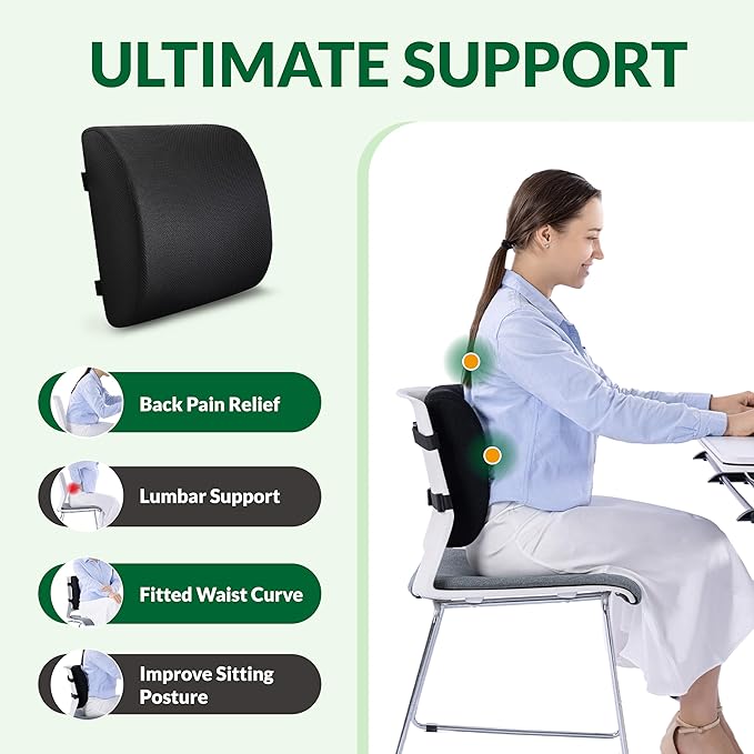 FuturaLoom Lumbar Support Pillow for Office Chair Car Seat,Charcoal Memory Foam Chair Back Cushion for Back Pain Relief with Double Adjustable Straps