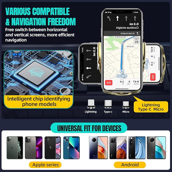 Wireless Car Charger, MAX 15W Fast Charging Auto Clamping, Sensing Phone Holder Mount, fit for iPhone 16 15 14 13 12 Pro Max Xs X, Samsung Galaxy S24 Ultra S23 S22 S21 S20 Note20 (5-Golden)