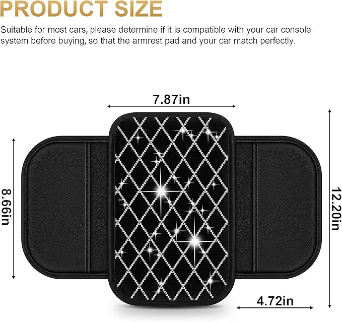 Center Console Cover Fit for TL: Upgraded Bling Diamond Car Armrest Cover - Crystal Rhinestone Car Center Console Cover with 2 Storage Bags,Anti-Scratch Auto Armrest Pad Accessory （Black