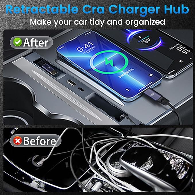 Upgrade Car USB Hub for Tesla Model 3 & Model Y Accessories, 65W Fast Phone Charger with 2 Retractable Cables & Waterproof Slide Cover Fit Model 3 2024-2026 & Model Y Juniper 2025-2026
