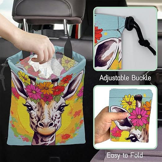 NHNXHWIA Cute Giraffe Car Garbage Bag,Splash Floral Waterproof Small Car Trash Bag Hanging Back of Seat,Drawstring Hanging Car Trash Bag with Adjustable Buckle for Car Accessories
