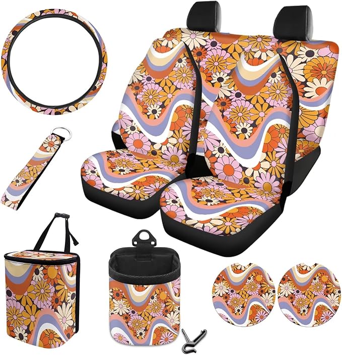 10 PCS Car Interior Accessories Sets for Women, Daisy Stripe Printed Comfortable Breathable Car Front and Back Seat Protector with Steering Wheel Cover Trash Can Coaster, Universal Fits