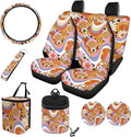 10 PCS Car Interior Accessories Sets for Women, Daisy Stripe Printed Comfortable Breathable Car Front and Back Seat Protector with Steering Wheel Cover Trash Can Coaster, Universal Fits