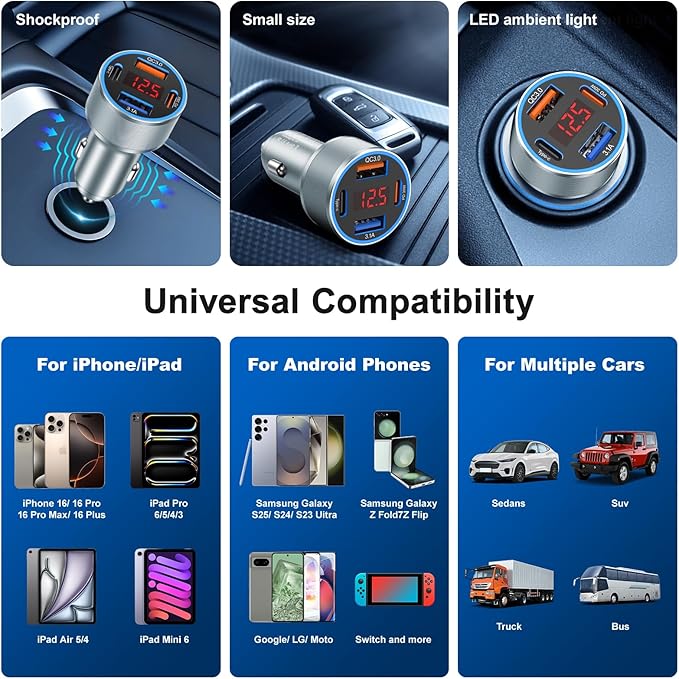 iPhone Fast Car Charger, 65W 4-Port USB C Car Phone Charger Adapter with 2x6FT USB C Cable,Multiport Cigarette Lighter USB Charger with Voltage Display for iPhone 17 16 15 Pro Max,iPad,Samsung,Android