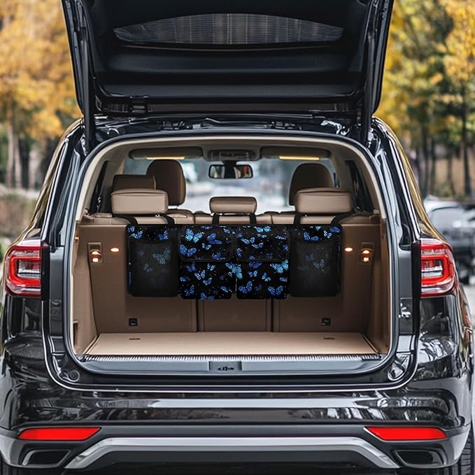 CLOHOMIN Blue Butterfly Car Trunk Organizer for Sedan Truck SUV Fashion Auto Trunk Mesh Storage Easy to Install Car Rear Seat Hanging Storage Bag Car Accessories