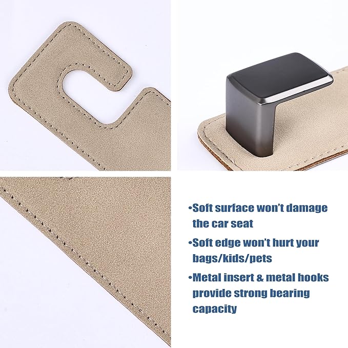 Amooca Car Seat Back Hook Universal Auto Storage Hanger Suede with Metal Car Seat Organizer for Handbag Purse Coat Umbrellas Grocery Bags 2 Pack Beige