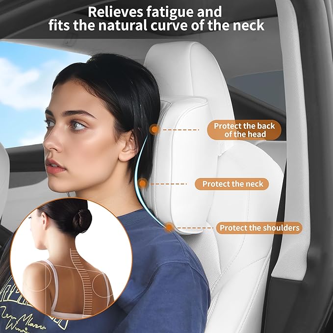 Dapucarin Car Headrest Pillow U-Shaped, Memory Foam Head Neck Support Cushion for Driving, Leather Head Rest Travel Pillows for Sleeping, Breathable Removable Cover, White, 1 Pack