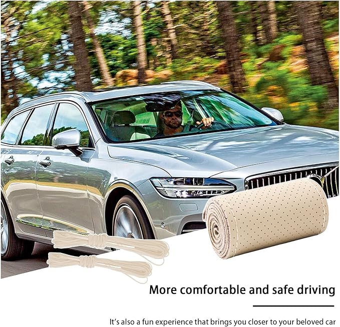 Kewucn Genuine Leather Steering Wheel Cover, 15" Universal Car Steering Wheel Protector with Needle Thread, Breathable Anti-Slip Steering Wheel Cover DIY Stitch on Wrap (Beige, Full Hole)
