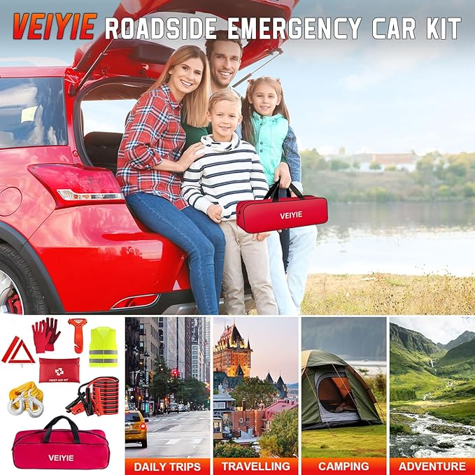 VEIYIE Roadside Emergency car kit for Vehicles, Car First Aid Emergency kit with Portable Air Compressor, Heavy Duty Jumper Cables, Tow Strap, Road Trip Essentials Safety kit, New Driver Gifts