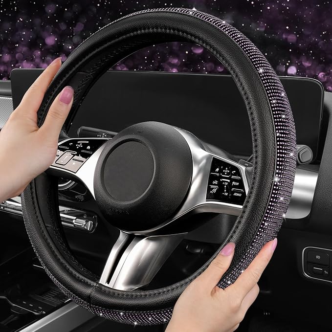 CAR PASS Bling Purple Diamond Leather Steering Wheel Cover, Sparkly Crystal Glitter Rhinestones Universal Fit 14" 1/2-15" Car Steering Wheel Protector for Women Girl Fit SUV,Van,Sedan,Truck, Purple