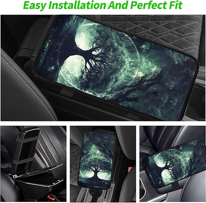 JANENFNA Car Armrest Cover Pads Universal Fashion Cute Auto Center Console Armrest Cover Pad with 2PCS Car Coasters Soft Waterproof Car Armrest Seat Protector for Women,World Tree