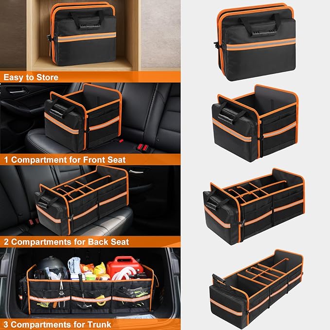 SKYJDM 95L Car Trunk Organizer with Removable Cooler Bag, Collapsible Trunk Storage Organizer with Removable Lid - Multi Compartment Waterproof Storage Organization, Fits Most Car, Truck, Orange